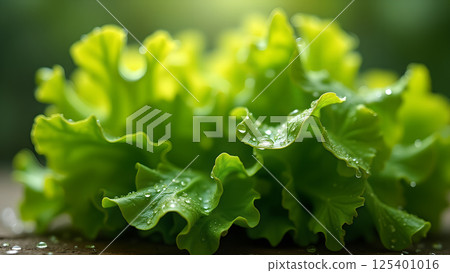 Fresh Green Lettuce with Splashes of Dew Drops Fresh Green Lettuce with Splashes of Dew Drops 125401016
