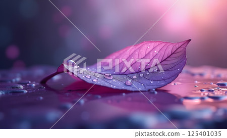 Leaf Adorned with Dewdrops in a Purple Hue 125401035