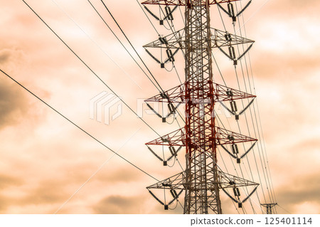 Yokohama cityscape in Japan: Ominous clouds... View of power towers and transmission lines... What is the future of energy? Yokohama cityscape in Japan: Ominous clouds... View of power towers and transmission lines... What is the future of energy? 125401114