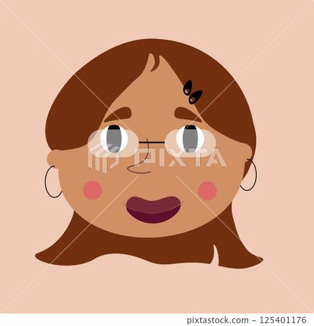 vector cute cartoon girl with glasses and brown hair with beige background 125401176