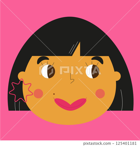 Vector cartoon cute girl with black hair, pink background 125401181