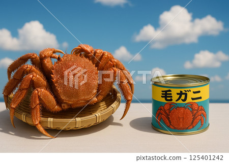 Freshly caught hairy crab and canned crab in a colander 125401242