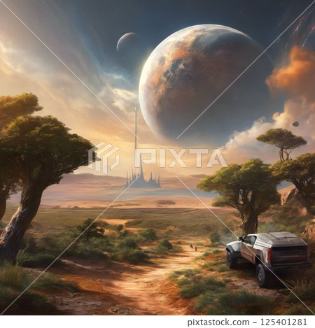 retro car on desert landscape at sunset 125401281