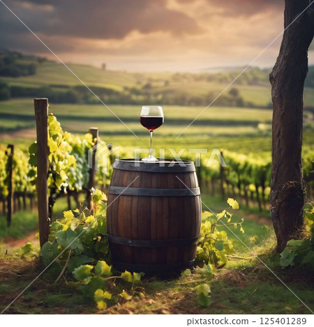 red wine and glass on wodden barrel 125401289
