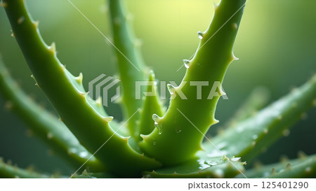 Macro Aloe Vera Plant with Water Droplets Close-up 125401290