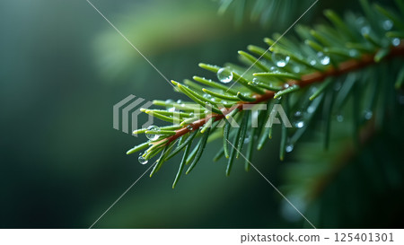 Fresh Dewdrops on Evergreen Spruce Branch Close-up 125401301