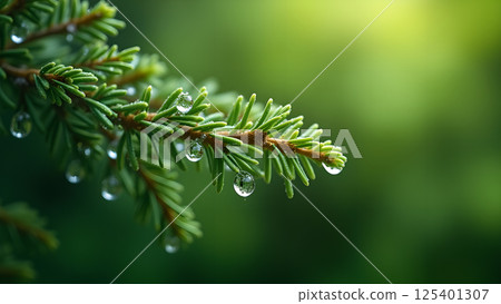 Dew Drops on Evergreen Branch Close-Up Dew Drops on Evergreen Branch Close-Up 125401307
