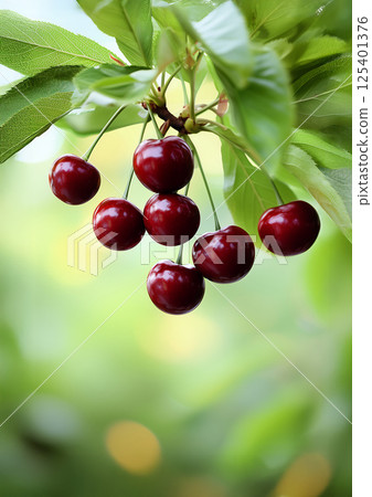 Close-up of cherry tree branch with sweet purple cherries and leaves against blurry green background 125401376