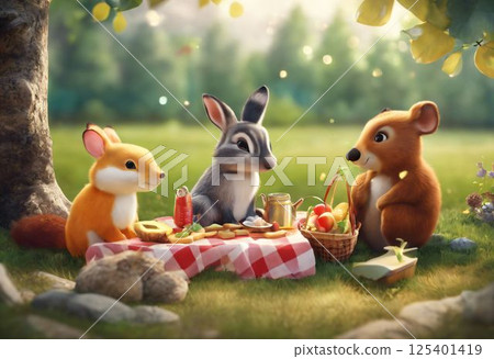 cute rabbits in a basket 125401419