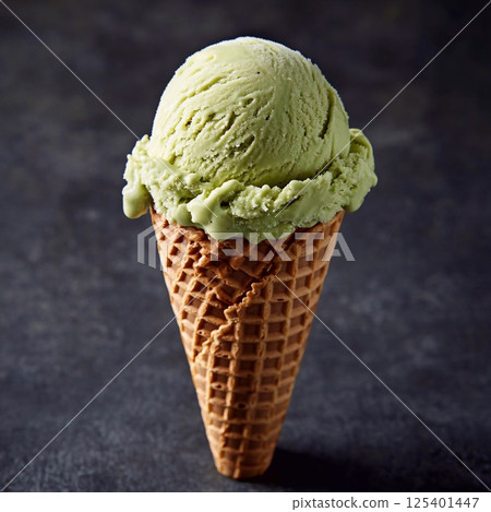 An appetizing scoop of delicate pistachio ice cream in a crispy waffle cone on a dark background. Generative AI An appetizing scoop of delicate pistachio ice cream in a crispy waffle cone on a dark background. Generative AI 125401447