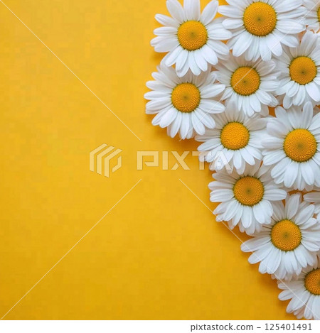 On a solid yellow background, a group of white daisies with bright yellow centers is elegantly arranged. Generative AI. 125401491