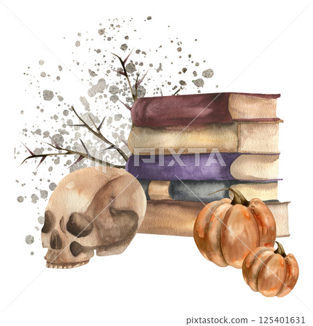 Mystic Halloween witch elements composition with watercolor books stack,human skull,pumpkins and thorns illustration. Hand drawn gothic esoteric clipart for seance card, spiritual poster design 125401631