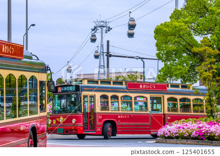 Yokohama cityscape in Japan - Sakuragicho Station with fresh greenery...red shoes and ropeway. Towards a new era = April 125401655