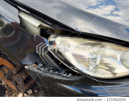 Broken front fender and headlight from a car showing cracked plastic panel, exposed structural frame, and intact headlamp with surrounding fire and collision damage 125402056