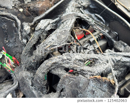 Burned car fuse box and wiring with melted insulation, scorched plastic housing, and exposed colored wires after extensive fire damage in the engine compartment Burned car fuse box and wiring with melted insulation, scorched plastic housing, and exposed colored wires after extensive fire damage in the engine compartment 125402063