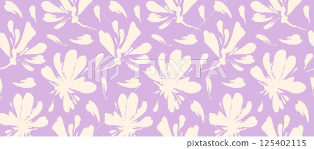 Light violet seamless floral pattern background with cream flower silhouettes in vector botanical style 125402115