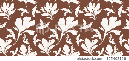 Chocolate brown floral pattern background with cream silhouette flowers in vintage seamless vector design 125402116