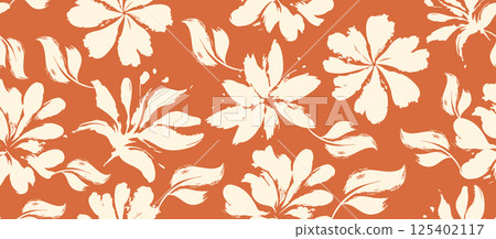 Seamless floral vector pattern with cream flower silhouettes on warm terracotta background for packaging and textile Seamless floral vector pattern with cream flower silhouettes on warm terracotta background for packaging and textile 125402117