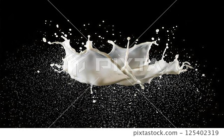 A high-speed white splash photo capturing the moment milk splashes A high-speed white splash photo capturing the moment milk splashes 125402319