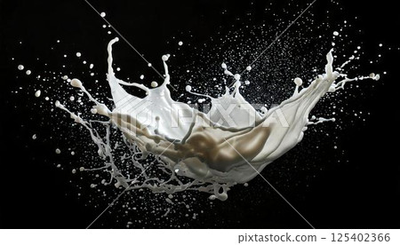 A high-speed white splash photo capturing the moment milk splashes 125402366