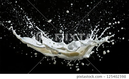 A high-speed white splash photo capturing the moment milk splashes 125402398