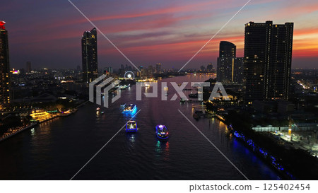 Skyscrapers in Bangkok city and river at night Skyscrapers in Bangkok city and river at night 125402454