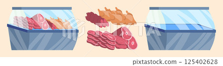 Cartoon Color Empty and Full Supermarket Refrigerator with Meat Set Concept Flat Design Style. Vector illustration 125402628