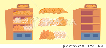Cartoon Color Empty and Full Supermarket Shelving with Bakery Set Concept Flat Design Style. Vector illustration Cartoon Color Empty and Full Supermarket Shelving with Bakery Set Concept Flat Design Style. Vector illustration 125402631