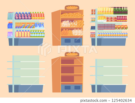 Cartoon Color Empty and Full Supermarket Shelving with Products Set Concept Flat Design Style. Vector illustration 125402634