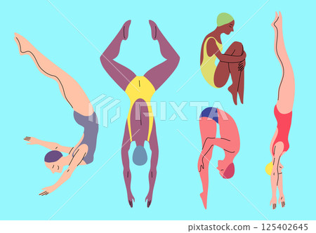 Cartoon Color Characters People Professional Swimmers Swimming and Jumping Set Concept Flat Design Style. Vector illustration 125402645