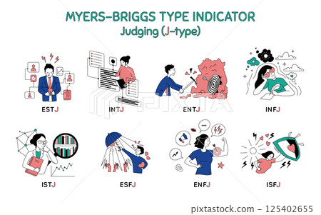 Cartoon Color Characters People Judging Type Myers Briggs Personality Test Concept Flat Design Style. Vector illustration of Mbti Person Cartoon Color Characters People Judging Type Myers Briggs Personality Test Concept Flat Design Style. Vector illustration of Mbti Person 125402655