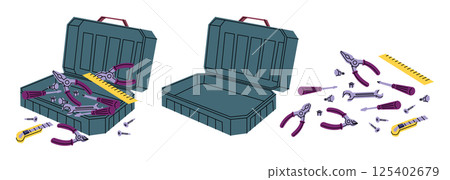Cartoon Color Empty and Full Open Construction Toolkit Boxes Set Repair Master Implement Tool Box Concept Flat Design Style. Vector illustration Cartoon Color Empty and Full Open Construction Toolkit Boxes Set Repair Master Implement Tool Box Concept Flat Design Style. Vector illustration 125402679