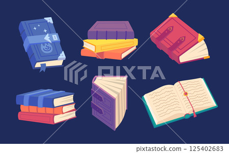 Cartoon Color Different Spell Magic Books Set Wizard Elements Concept Flat Design Style. Vector illustration of Book 125402683