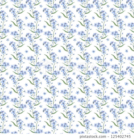 Spring delicate blue forget-me-not flowers. Botanical watercolor seamless pattern on white background, perfect for eco branding, packaging, cards, wedding designs, botanical prints and wallpapers. Spring delicate blue forget-me-not flowers. Botanical watercolor seamless pattern on white background, perfect for eco branding, packaging, cards, wedding designs, botanical prints and wallpapers. 125402745