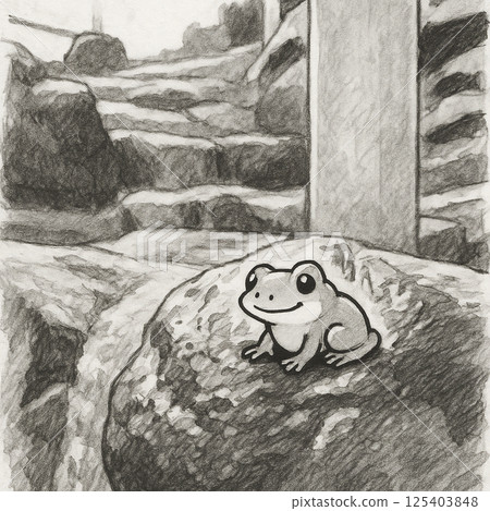 A visitor on a drop of water - A story of a frog and stone steps after the rain 125403848