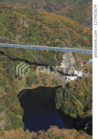 Ryujin Suspension Bridge over Ryujin Gorge surrounded by yellow mountains under a clear autumn sky, seen from Akaiwa Observatory in northern Ibaraki Prefecture 125403874