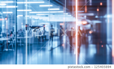 監視無人機掃描辦公室走廊，未來安全系統 125403894