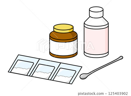 Illustration of a bottle of powdered medicine and powder 125403902