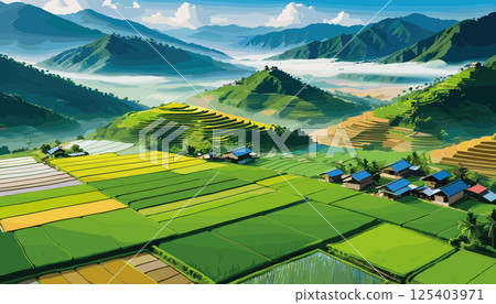 Vibrant Rice Terraces and Village in Mountain Valley 125403971