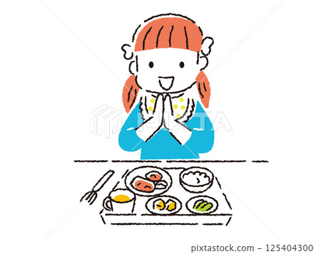 手繪插畫，女孩雙手合十說“謝謝用餐” 125404300