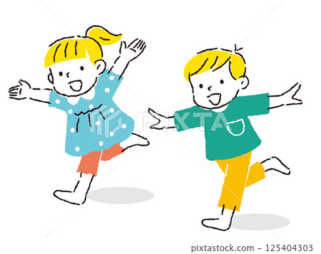 Hand-drawn illustration of a boy and girl running with their hands raised and smiling 125404303