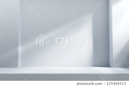 White room studio with table top and natural light. Product presentation template. 125404313