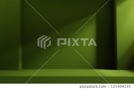 Green olive room studio with table top and natural light. Product presentation template. 125404335