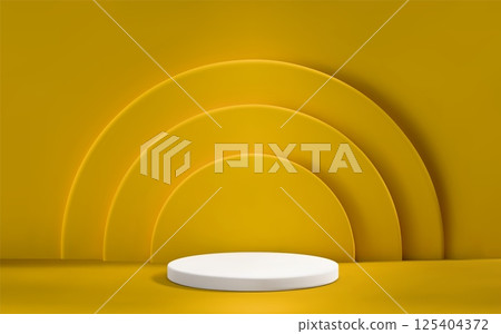 3D abstract yellow scene background with podium and spotlight. Empty realistic room with platform. Product presentation template. 3D abstract yellow scene background with podium and spotlight. Empty realistic room with platform. Product presentation template. 125404372