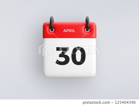 3D calendar icon with date 30 April on grey background. Vector schedule symbol. 125404390