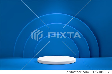 3D abstract blue scene background with podium and spotlight. Empty realistic room with platform. Product presentation template. 3D abstract blue scene background with podium and spotlight. Empty realistic room with platform. Product presentation template. 125404397