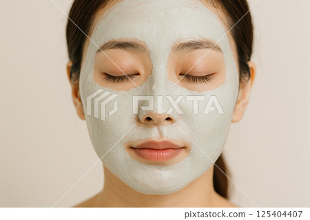 Beauty skin care of Japanese woman preparing skin with clay mask Close-up of woman doing mud pack 125404407