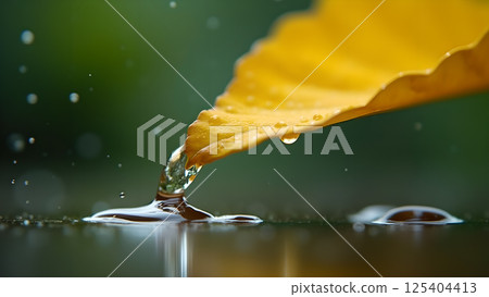 Macro of Water Droplet from Yellow Leaf Edge 125404413