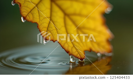 Autumnal Leaf Tears Into Calm Liquid Ripples Autumnal Leaf Tears Into Calm Liquid Ripples 125404433