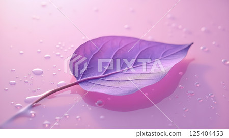 Purple Leaf with Water Droplets on Pink Surface 125404453